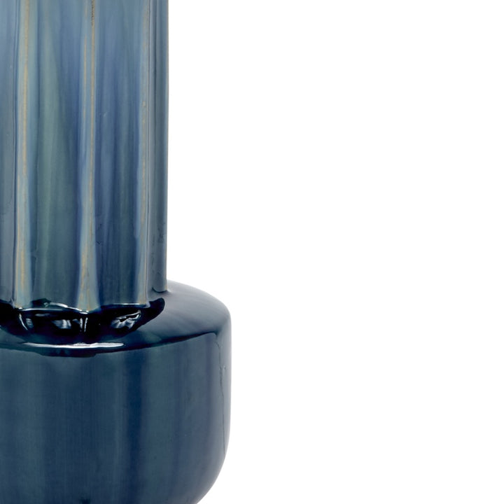 Blue-green ceramic lamp base with glossy dark band and rounded shoulders