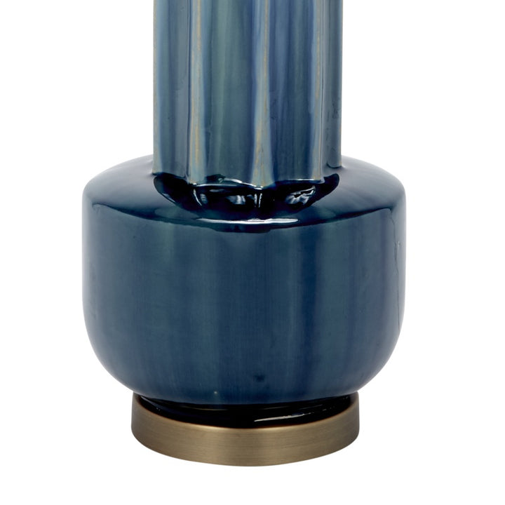 Blue-green ceramic table lamp base with brass pedestal and glossy dark trim