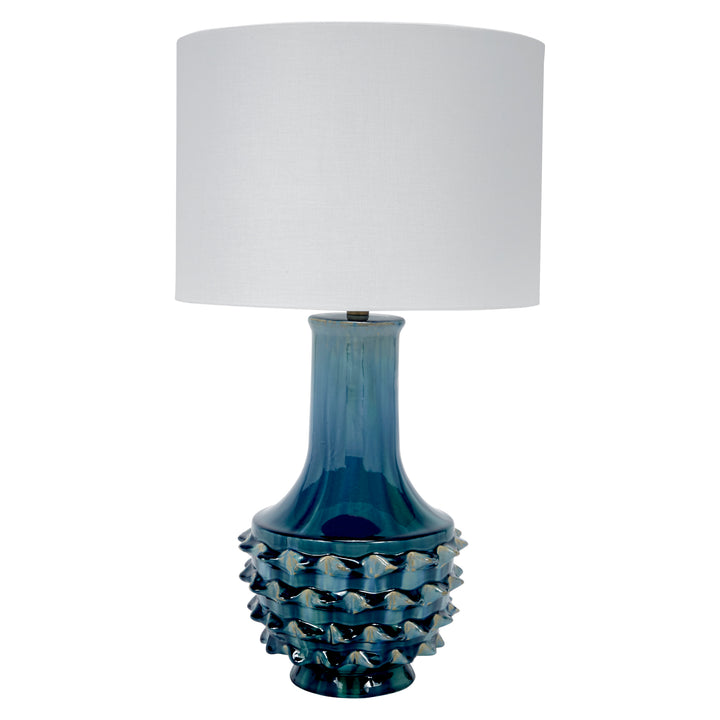 Table lamp with white drum linen shade and blue-green glazed ceramic base