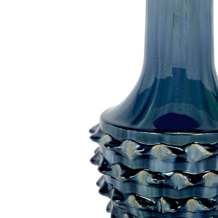 Blue-green glazed ceramic lamp base with faceted stacked ruffle band detail