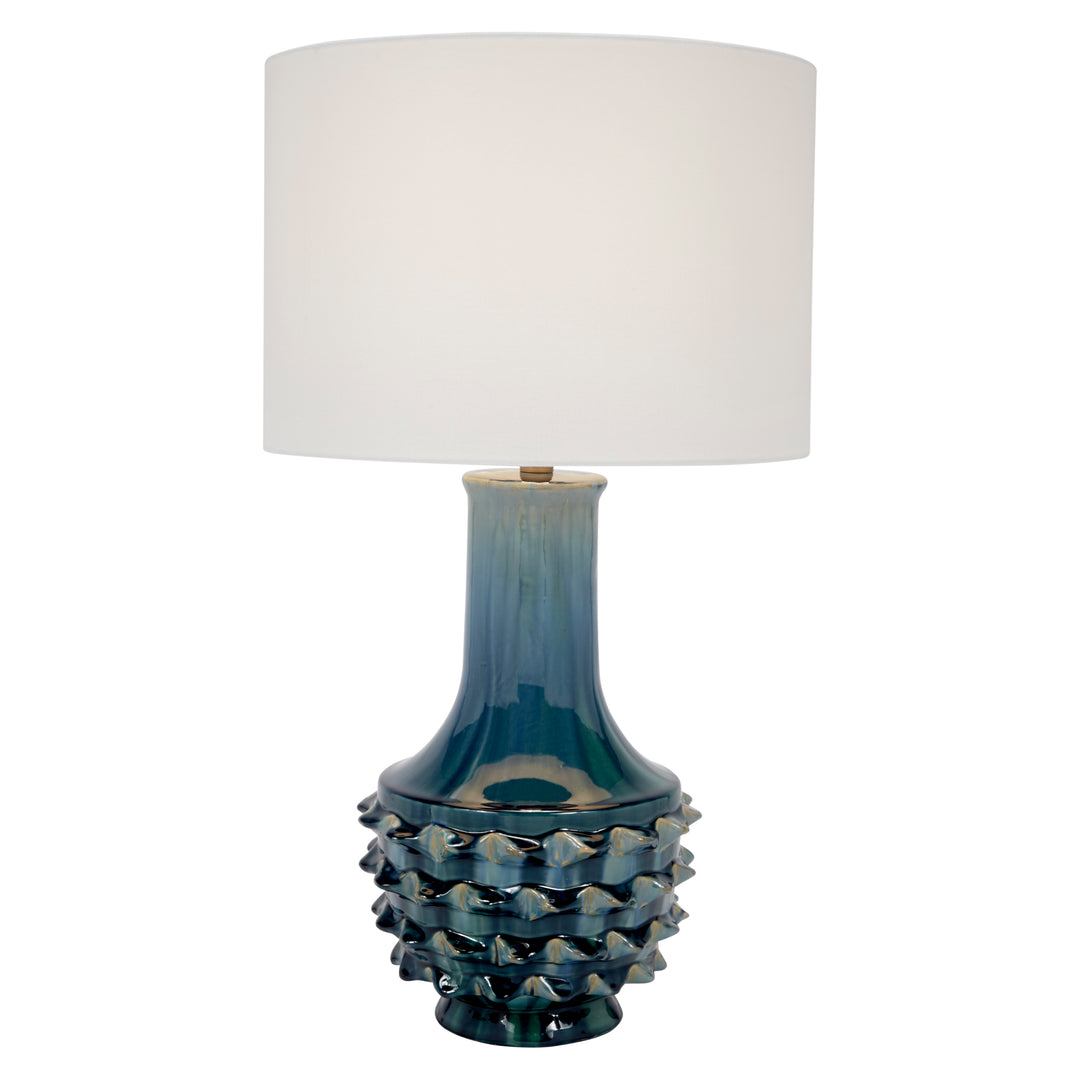 Table lamp with off-white drum linen shade and blue-green glazed ceramic base
