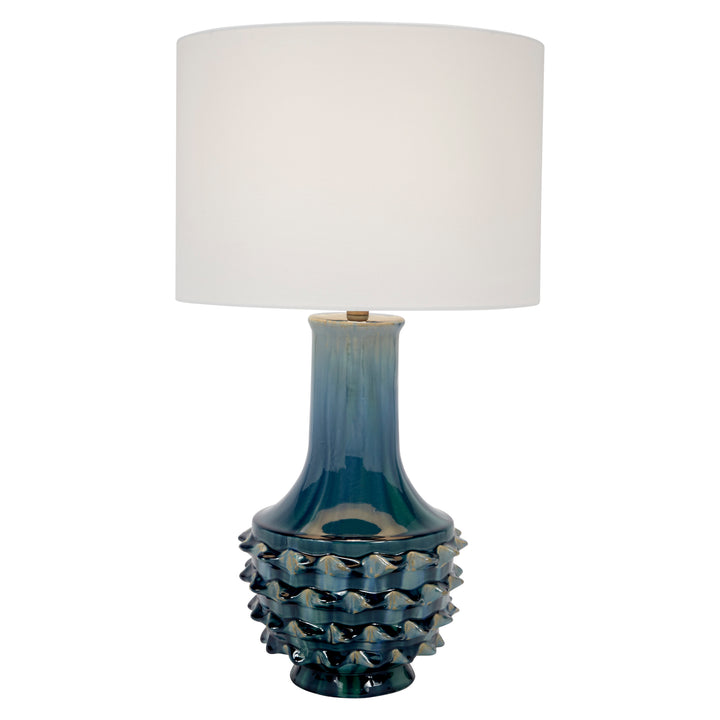 Table lamp with off-white drum linen shade and blue-green glazed ceramic base