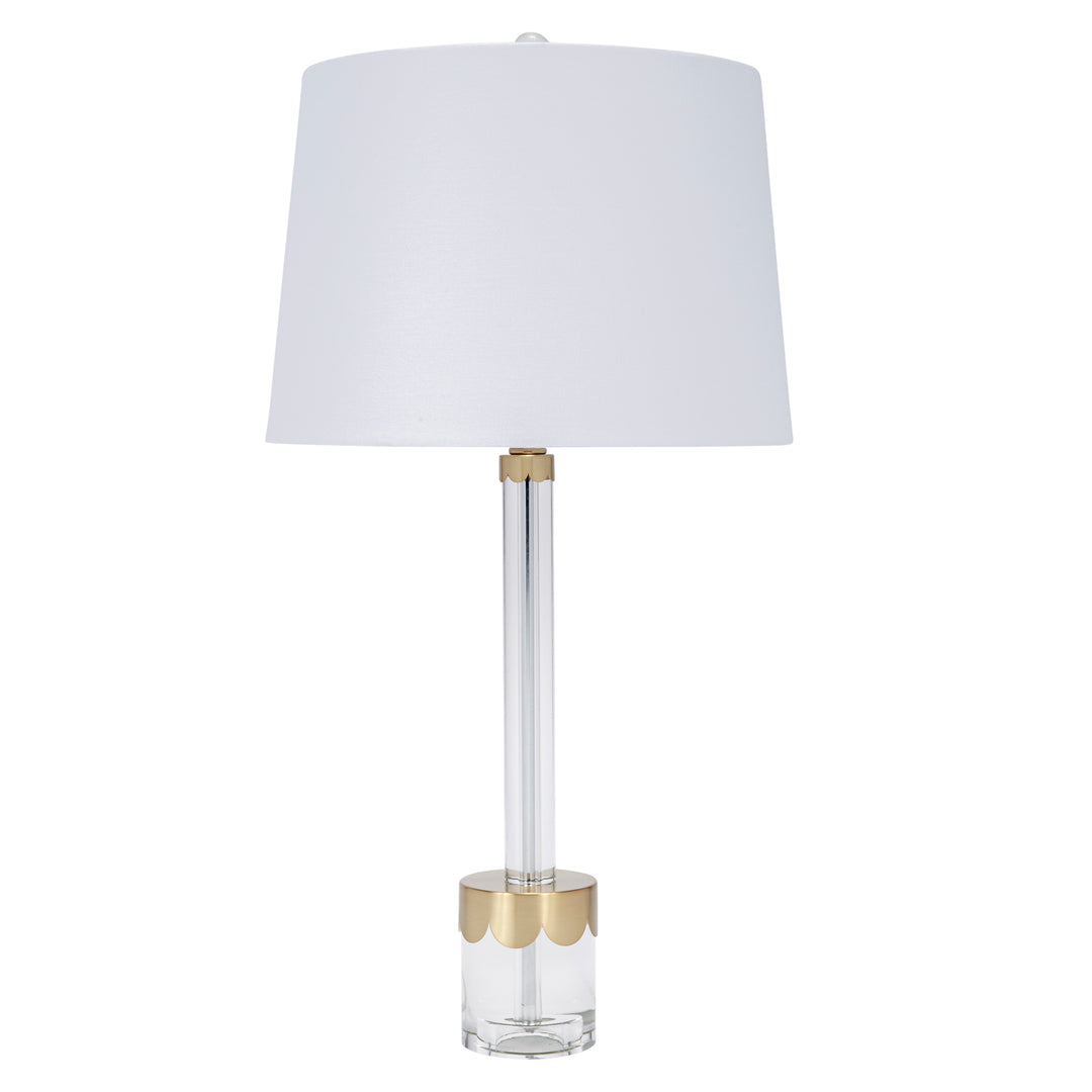 Crystal Chelsea lamp with white fabric shade and clear crystal base, scalloped brass accents