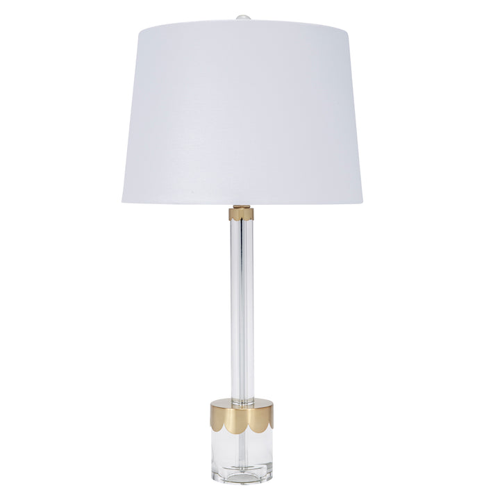 Crystal Chelsea lamp with white fabric shade and clear crystal base, scalloped brass accents