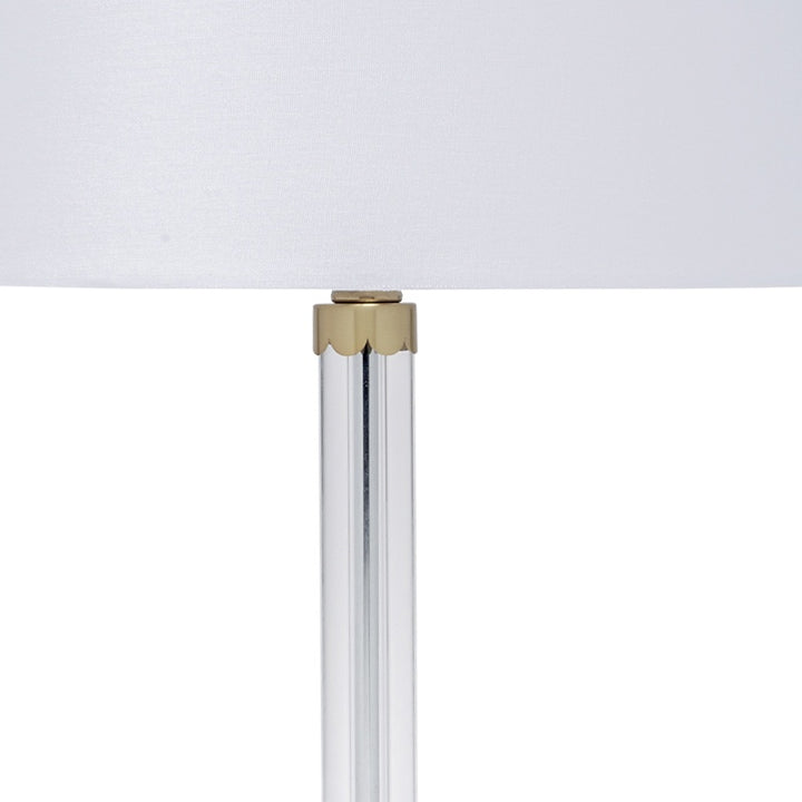 Crystal Chelsea lamp with white shade and brass top collar over clear crystal tube