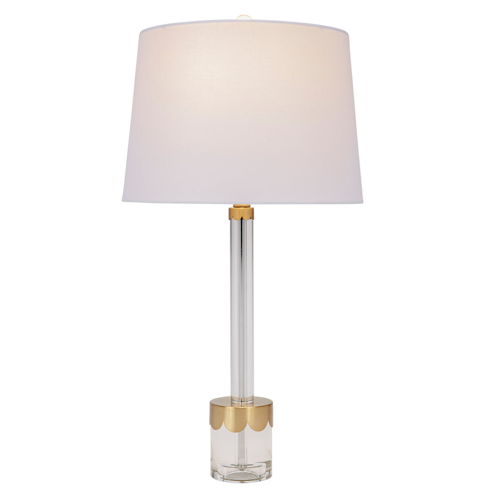 Crystal Chelsea lamp with light fabric shade and clear crystal base, scalloped brass accents