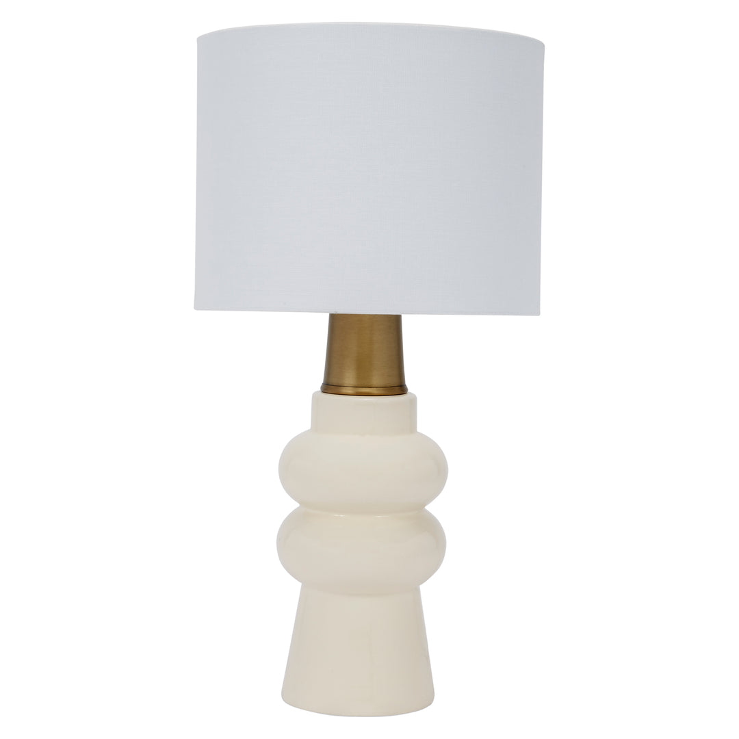 Elegant cream ceramic Rhodes table lamp with a crisp white linen shade, perfect for modern and classic interiors.