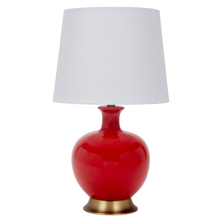 Vibrant candy red ceramic table lamp with a crisp white linen shade, perfect for modern and eclectic interiors.