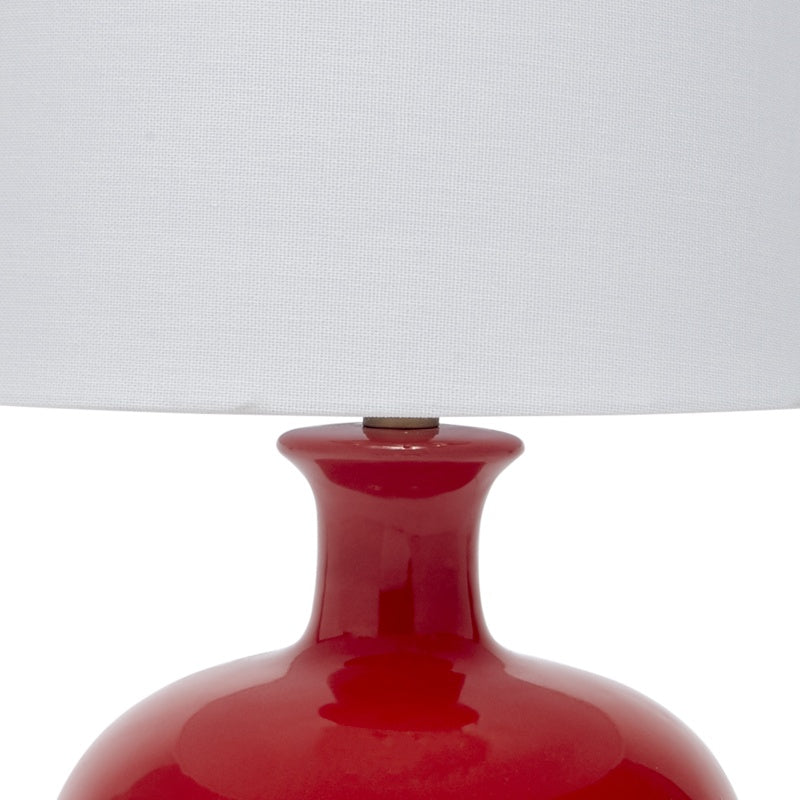 Red ceramic table lamp with white linen shade, glossy top detail