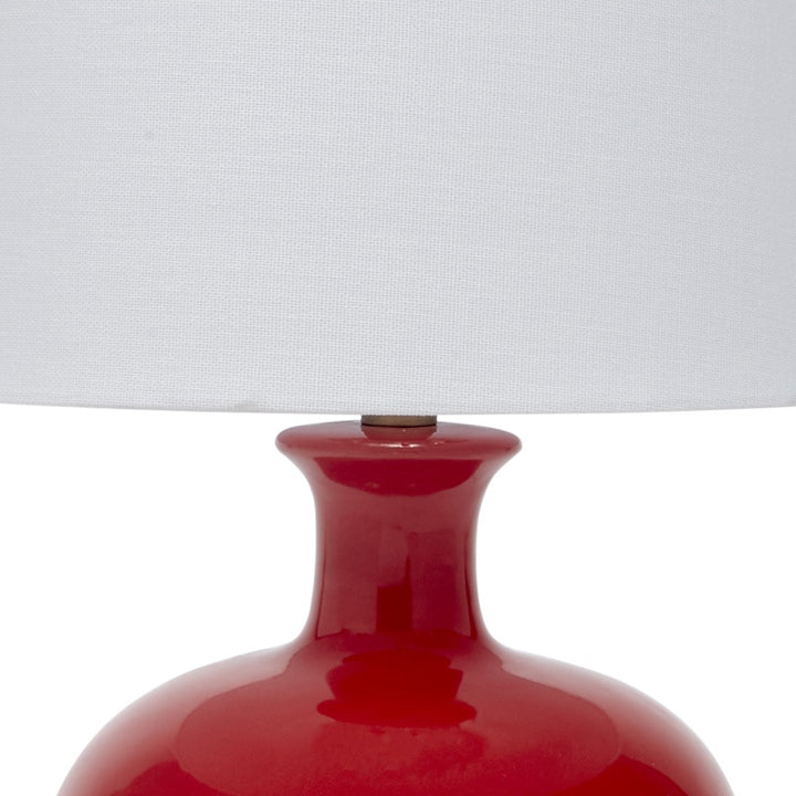 Red ceramic table lamp with white linen shade, glossy top detail