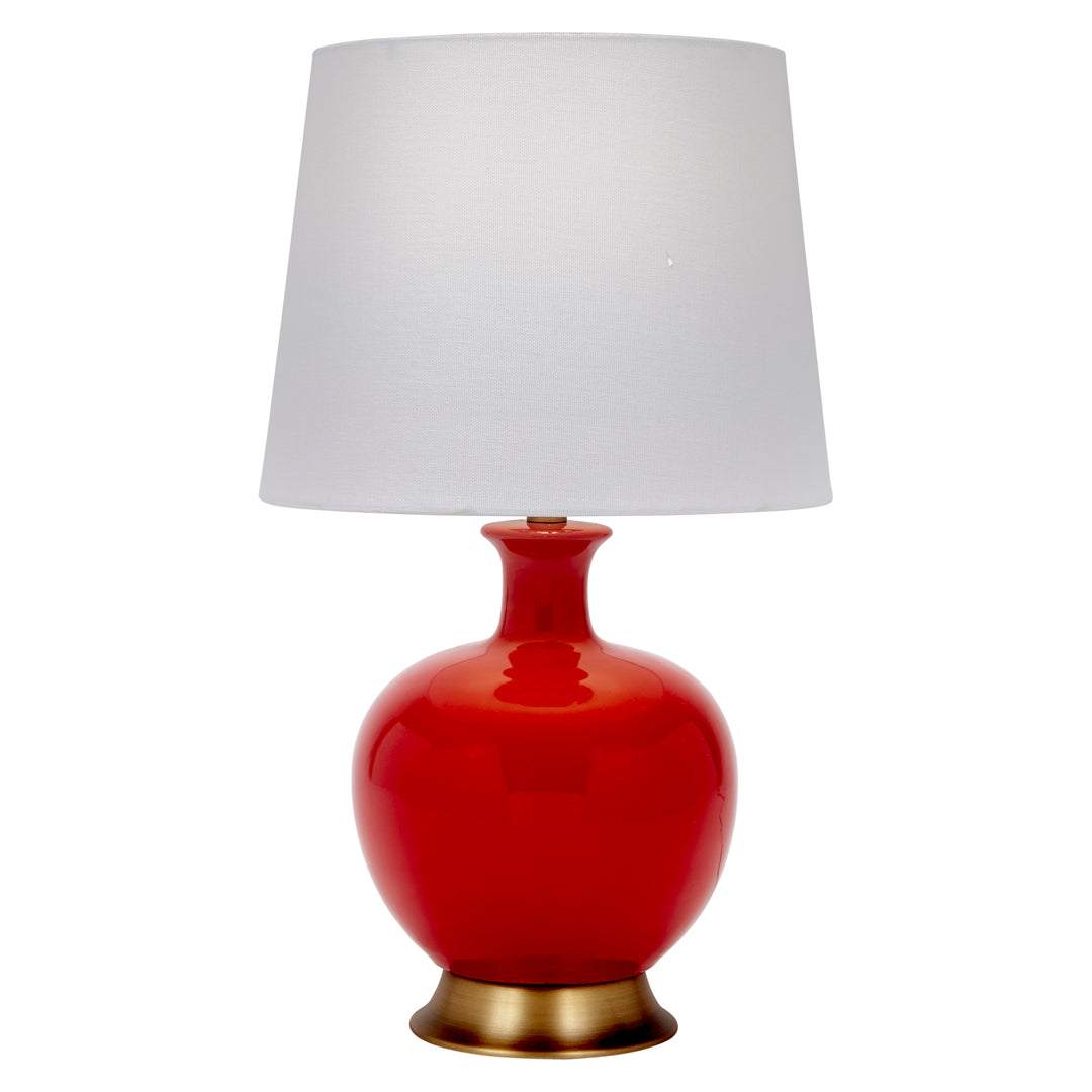 Bold candy red ceramic lamp with a white linen shade, adding a pop of color and style to any living space.