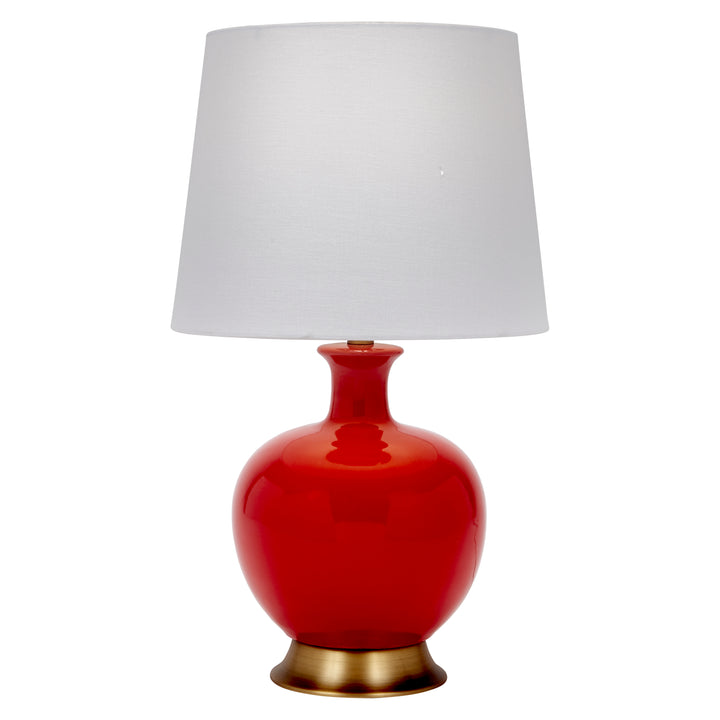 Bold candy red ceramic lamp with a white linen shade, adding a pop of color and style to any living space.