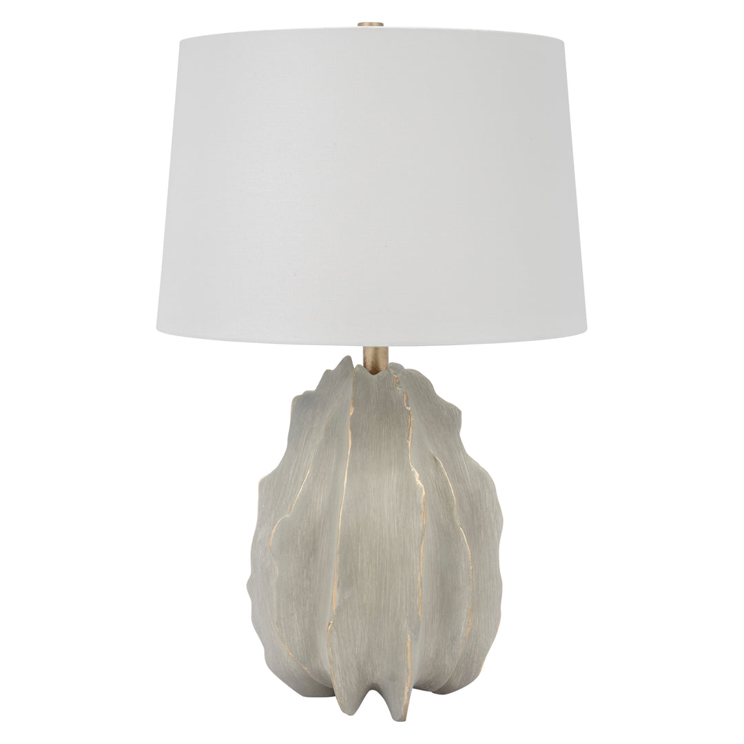 Gray cement-finished table lamp base with gold veining and white linen drum shade