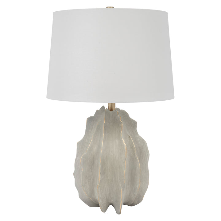 Gray cement-finished table lamp base with gold veining and white linen drum shade