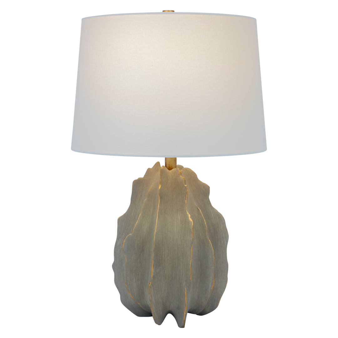 Gray cement-finished table lamp base with gold veining and white linen drum shade