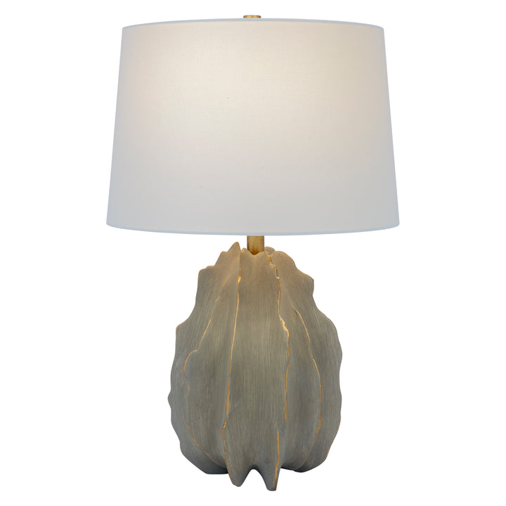 Gray cement-finished table lamp base with gold veining and white linen drum shade
