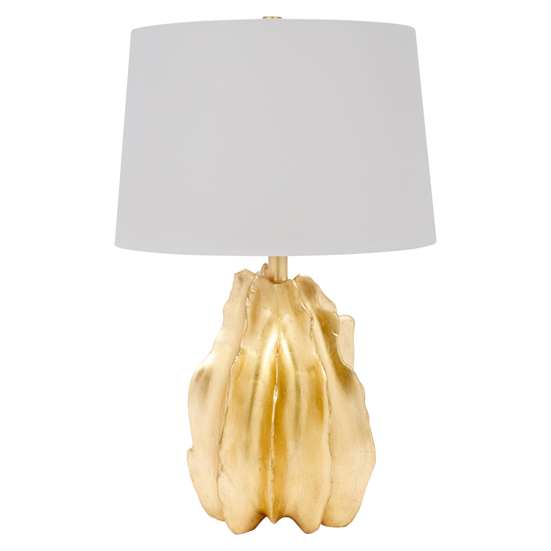 Gold leaf table lamp with white linen drum shade and textured gold leaf base