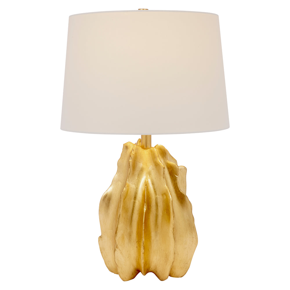 Gold leaf table lamp with white linen drum shade and ornate gold leaf body