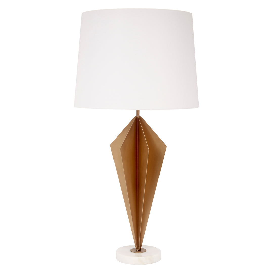 Gold faceted metal table lamp with white fabric shade and white marble base