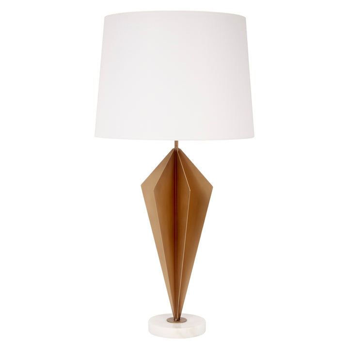 Gold faceted metal table lamp with white fabric shade and white marble base