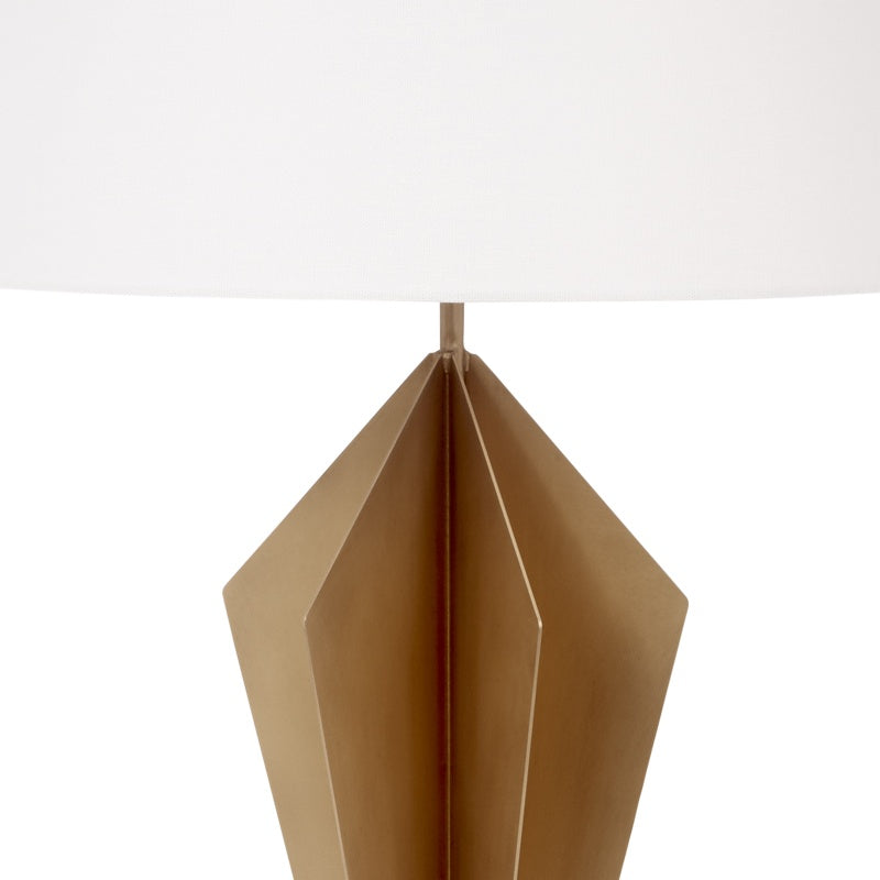 Gold faceted metal lamp body with white fabric shade, top close-up