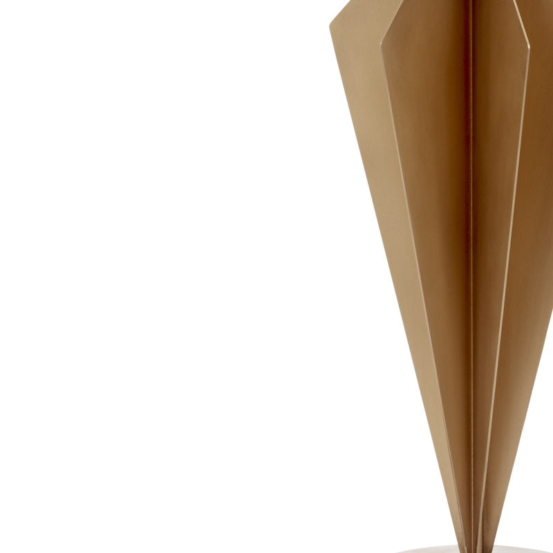Gold faceted metal lamp body with vertical panels, part of white shade