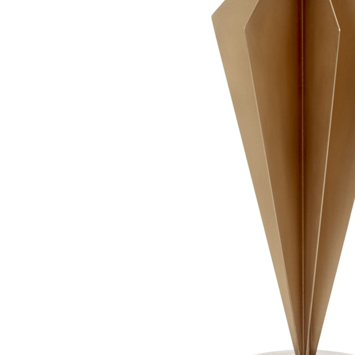 Gold faceted metal lamp body with vertical panels, part of white shade