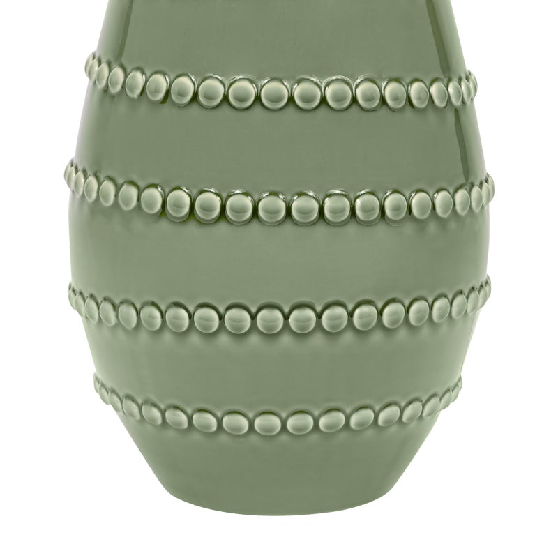 Green ceramic lamp base bottom with stacked beaded bands and smooth rounded shape.