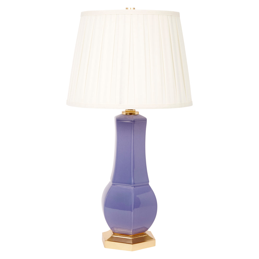 Lavender ceramic table lamp with white pleated shade and gold top and base