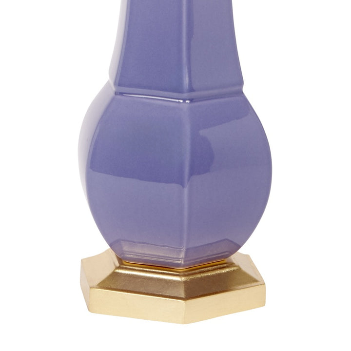 Lavender ceramic lamp with gold pedestal base and glossy rounded body