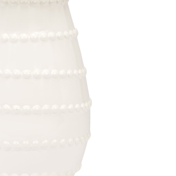 Close-up of white ceramic lamp base with pearl-like bead rows
