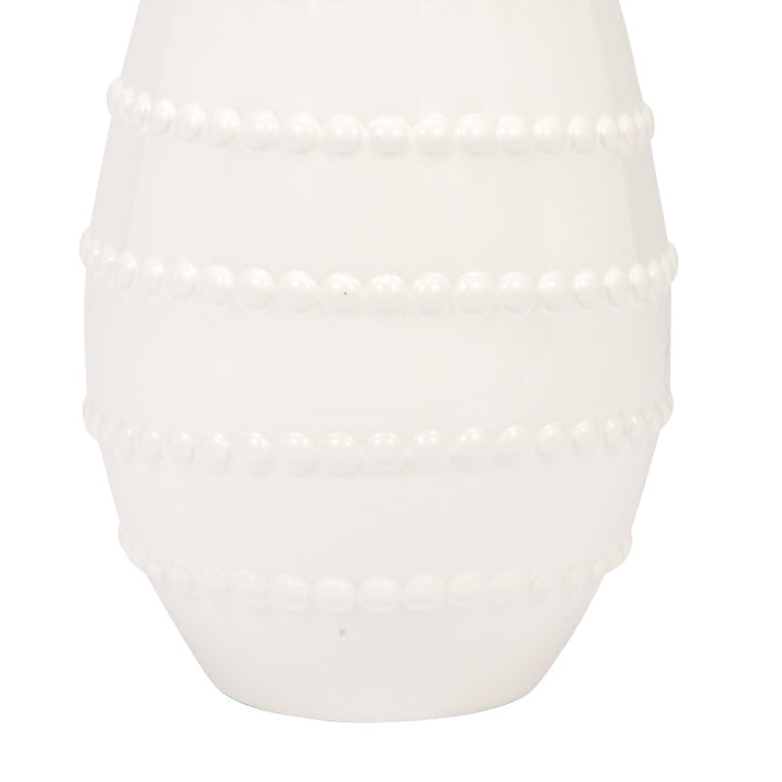 Bottom half of white ceramic lamp base with stacked bead bands and smooth base
