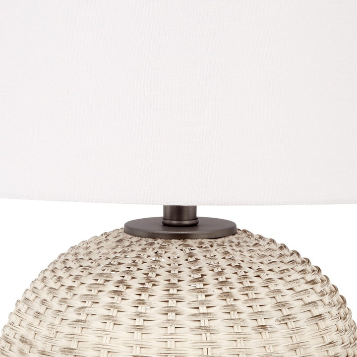 Table lamp neck and round dark base under a white linen drum shade