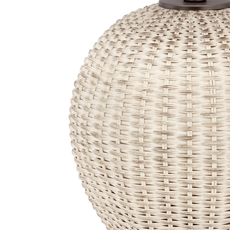 White-washed woven rattan table lamp body with tight basket weave pattern