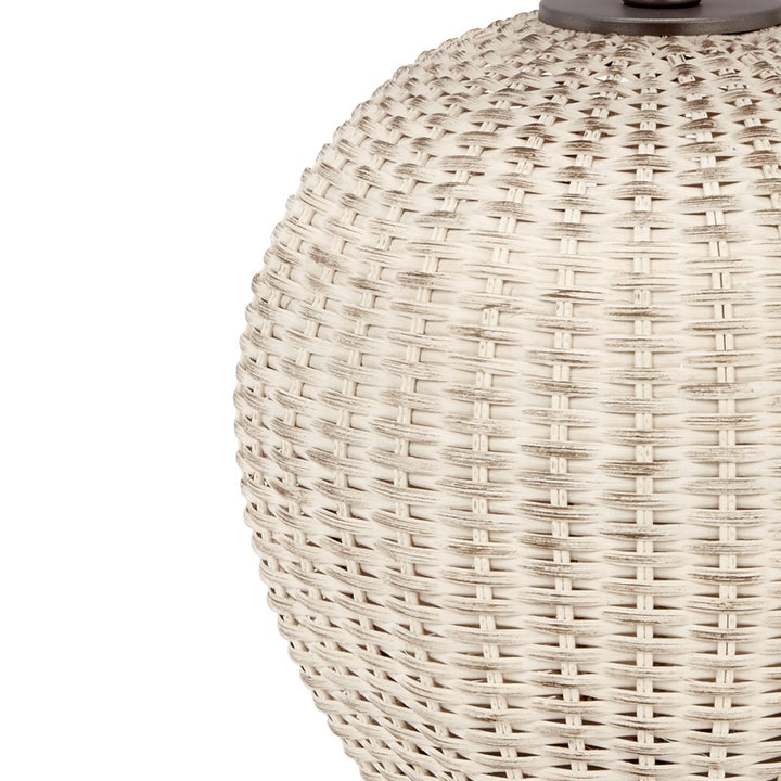 White-washed woven rattan table lamp body with tight basket weave pattern