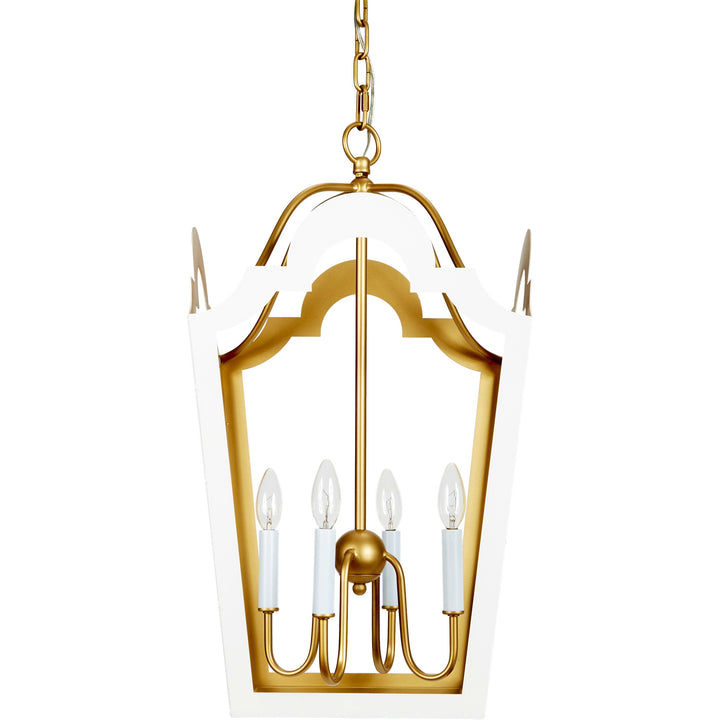 Elegant Jackie lantern in glossy white with gold accents, perfect for living rooms, entryways, or decorative displays.
