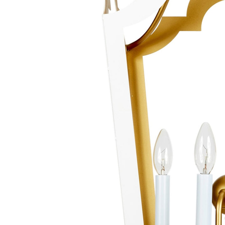 Gold frame lantern with two white glass cylinder bulbs and vertical support bar