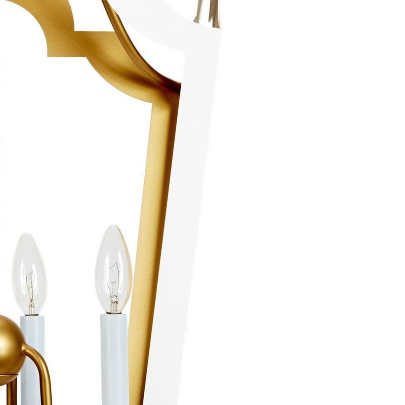 Gold support bar with multiple white glass cylinder bulbs on a lantern