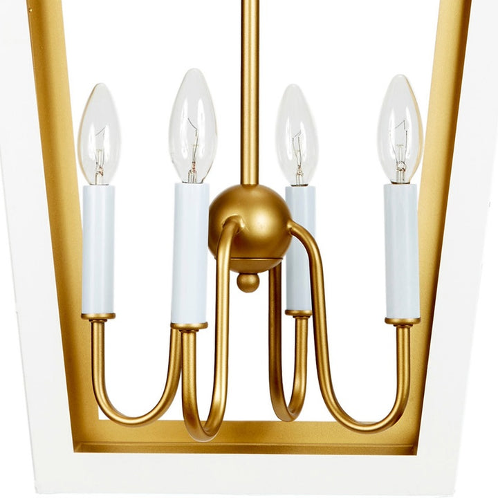 White glass cylinder bulb lantern with gold multi-arm frame and central finial