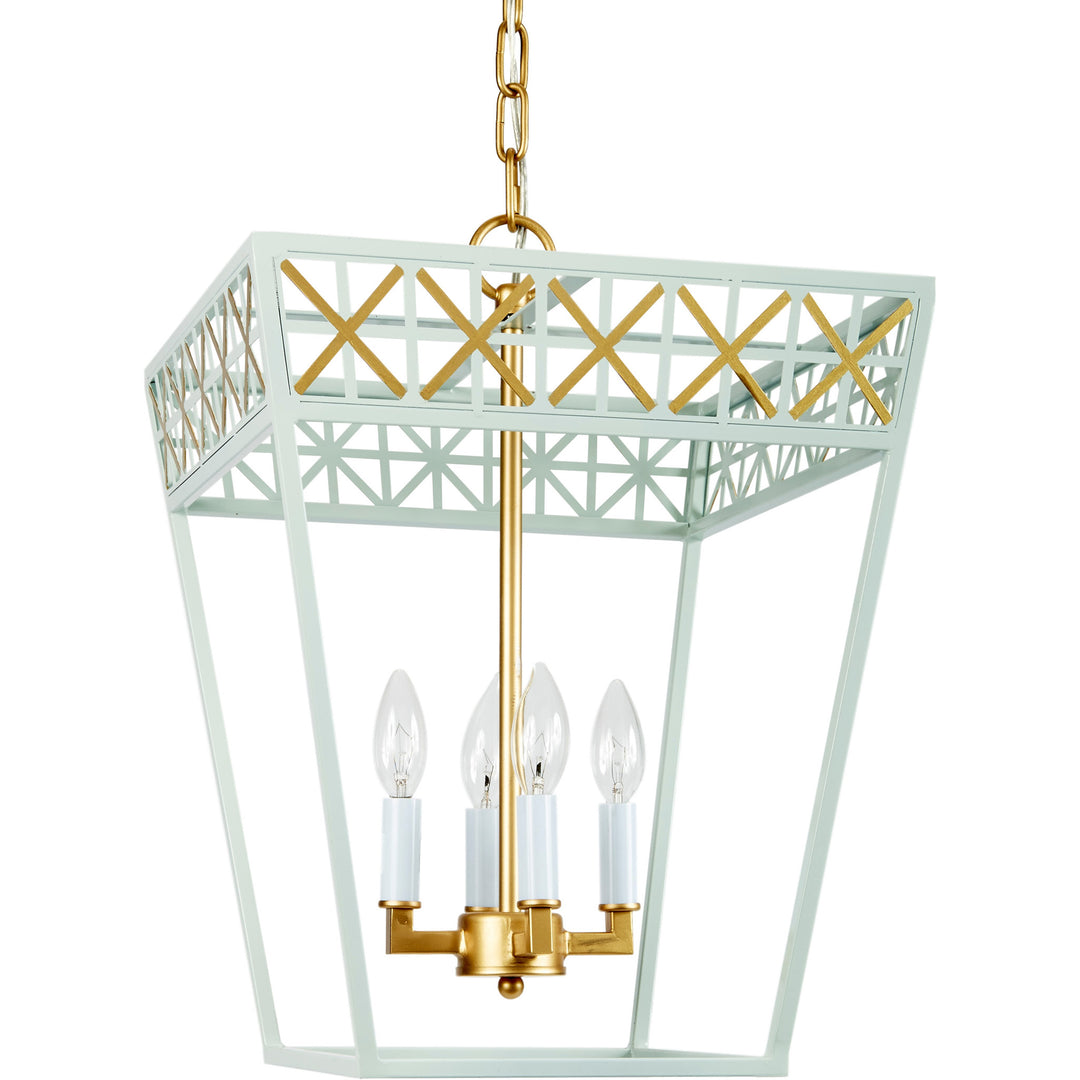 Elegant Caitlyn lantern in mint blue with gold accents, perfect for living rooms, entryways, or decorative displays.