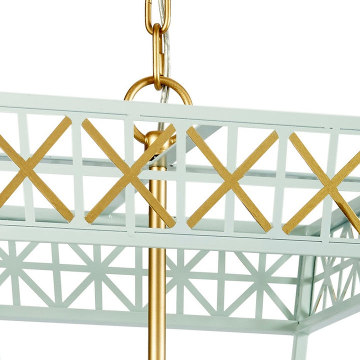 Mint blue and gold lantern frame with geometric lattice detail and hanging hook
