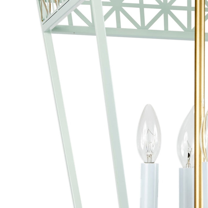 Mint blue lantern with gold pole and two visible glass bulbs