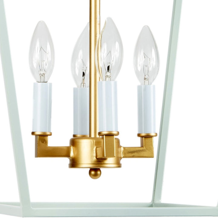 Mint blue and gold chandelier-style lantern with four glass bulbs and gold base