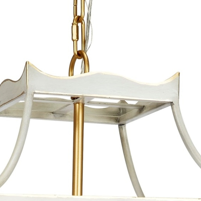 Cream metal lantern with gold chain and central pole, arched frame