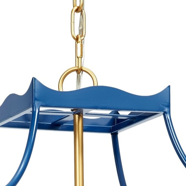 Four-light metal lantern with navy blue frame and gold accents, hanging chain