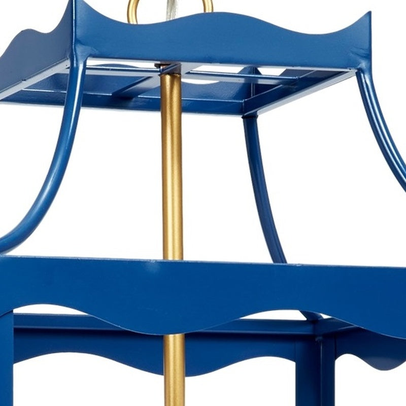 Navy blue and gold four-light lantern with curved arms and hanging chain
