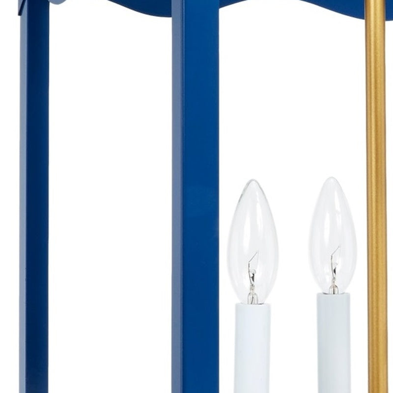 Four-light lantern with clear glass shades, navy blue frame and gold support