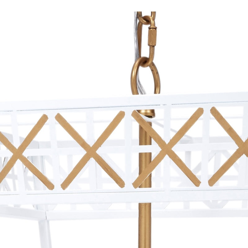 White metal lantern with gold X pattern, hanging hook detail