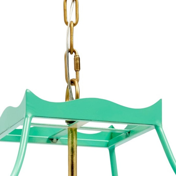 Sea green lantern with gold chain and frame, scalloped top canopy