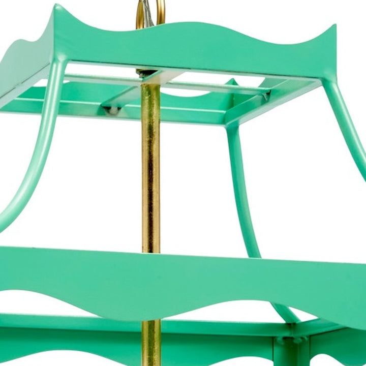 Sea green lantern frame with gold central rod and open slatted sides